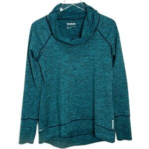 Reebok Cowl Neck PlayWarm Pullover Top Long Sleeve Teal Navy Heather NWOT